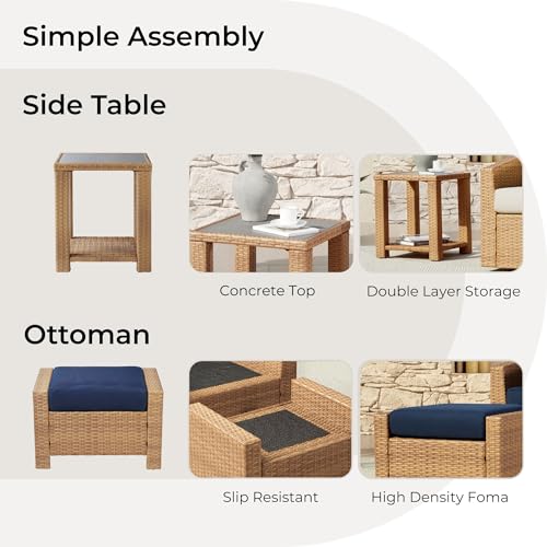 CHITA 5 Pieces Wicker Patio Furniture Set, Outdoor Conversation Set with 2 Pieces Rattan Swivel Chairs, 2 Pieces Ottomans, Thickened Cushions and Side