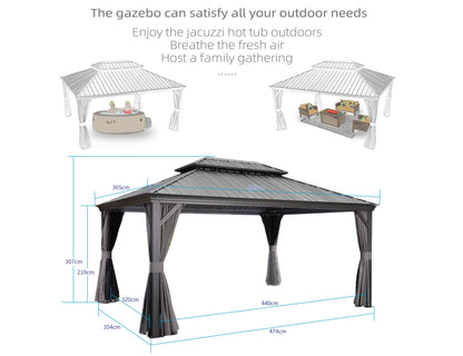 PURPLE LEAF Heavy Duty Garden Gazebo 3.65 x 4.85 m with Galvanised Steel Double Roof, Waterproof Metal Hardtop Gazebo with Side Curtain and Zipped Net