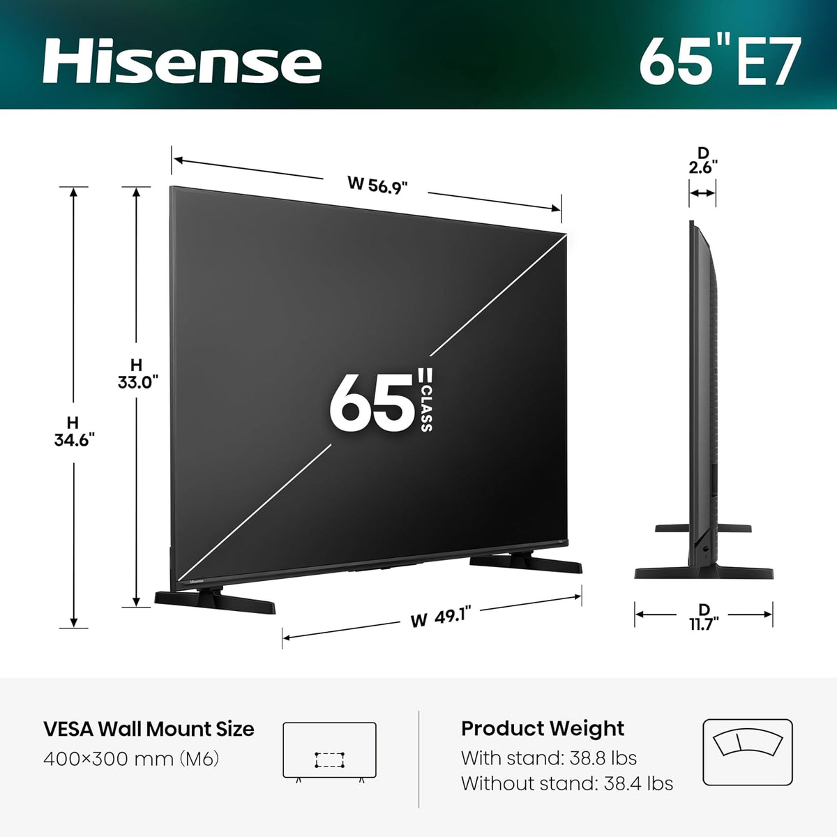Hisense 65" E7 Cinema Series Hi-QLED Mini-LED 4K UHD Smart Fire TV (65E7SF, 2026 NEW) - Native 144Hz, AI Picture, Dolby Vision IQ · Atmos, FALD, HDR10