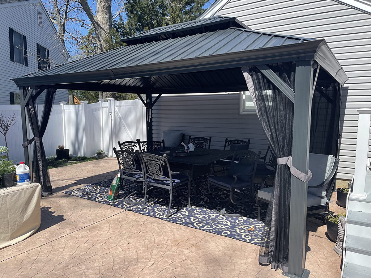 PURPLE LEAF Heavy Duty Garden Gazebo 3.65 x 4.85 m with Galvanised Steel Double Roof, Waterproof Metal Hardtop Gazebo with Side Curtain and Zipped Net