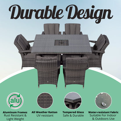 Arizona Rattan Dining Set | Luxury Rectangle 6 Seater Grey Rattan Table & Chairs Set with Ice Bucket Drinks Cooler | Outdoor Poly Rattan Garden Dining