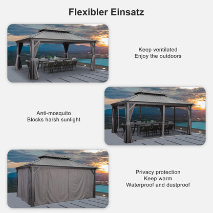 PURPLE LEAF Heavy Duty Garden Gazebo 3.65 x 4.85 m with Galvanised Steel Double Roof, Waterproof Metal Hardtop Gazebo with Side Curtain and Zipped Net