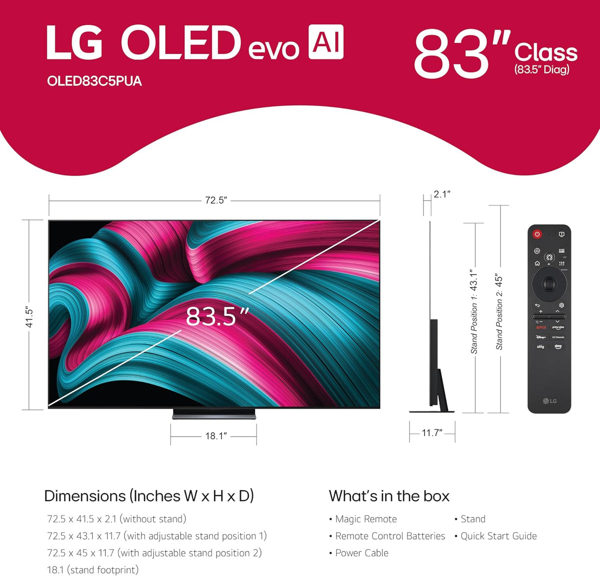 LG 83-Inch Class OLED evo AI 4K C5 Series Smart TV w/Dolby Atmos, Dolby Vision, HDR10, AI Super Upscaling 4K, Filmmaker Mode, Wow Orchestra, Alexa Bui