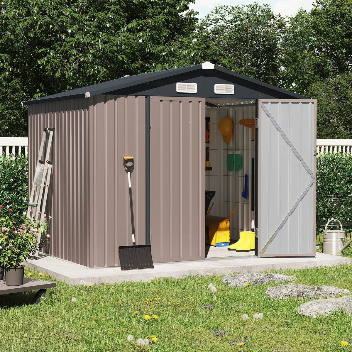 OC Orange-Casual 8' x 6' FT Outdoor Storage Shed, Metal Garden Tool Shed with Lockable Door, Outside Sheds & Storage Galvanized Steel, Brown - Walmart