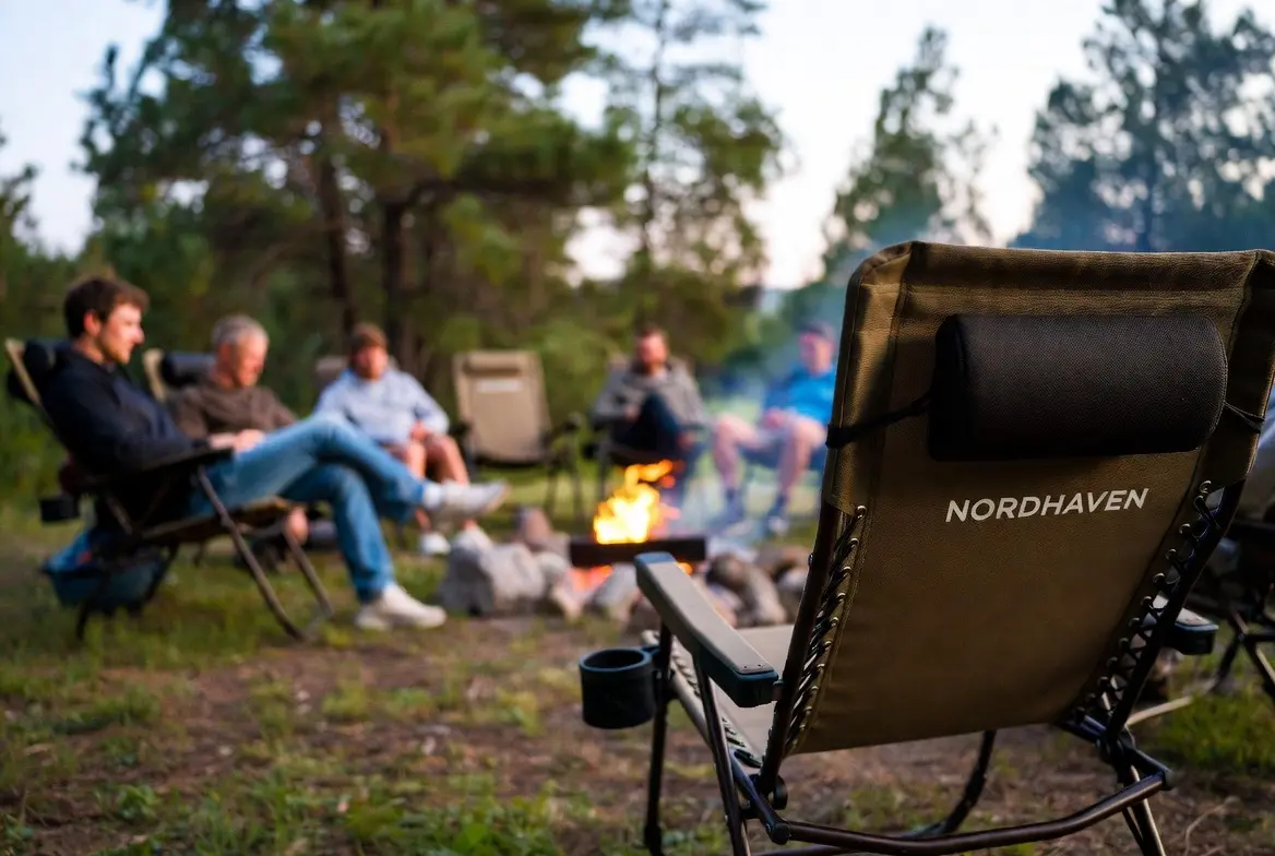 Camp chair by the fire at dusk